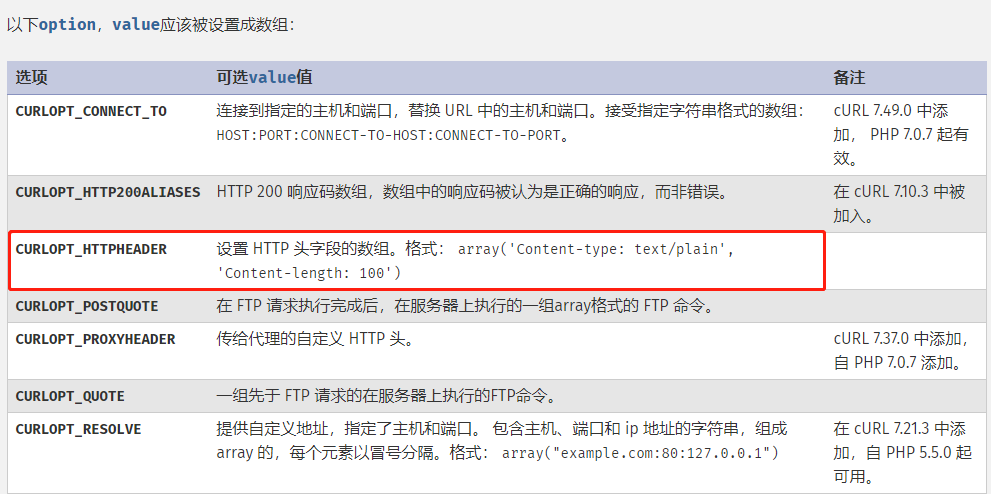 CURLOPT_HTTPHEADER 可选 value 值